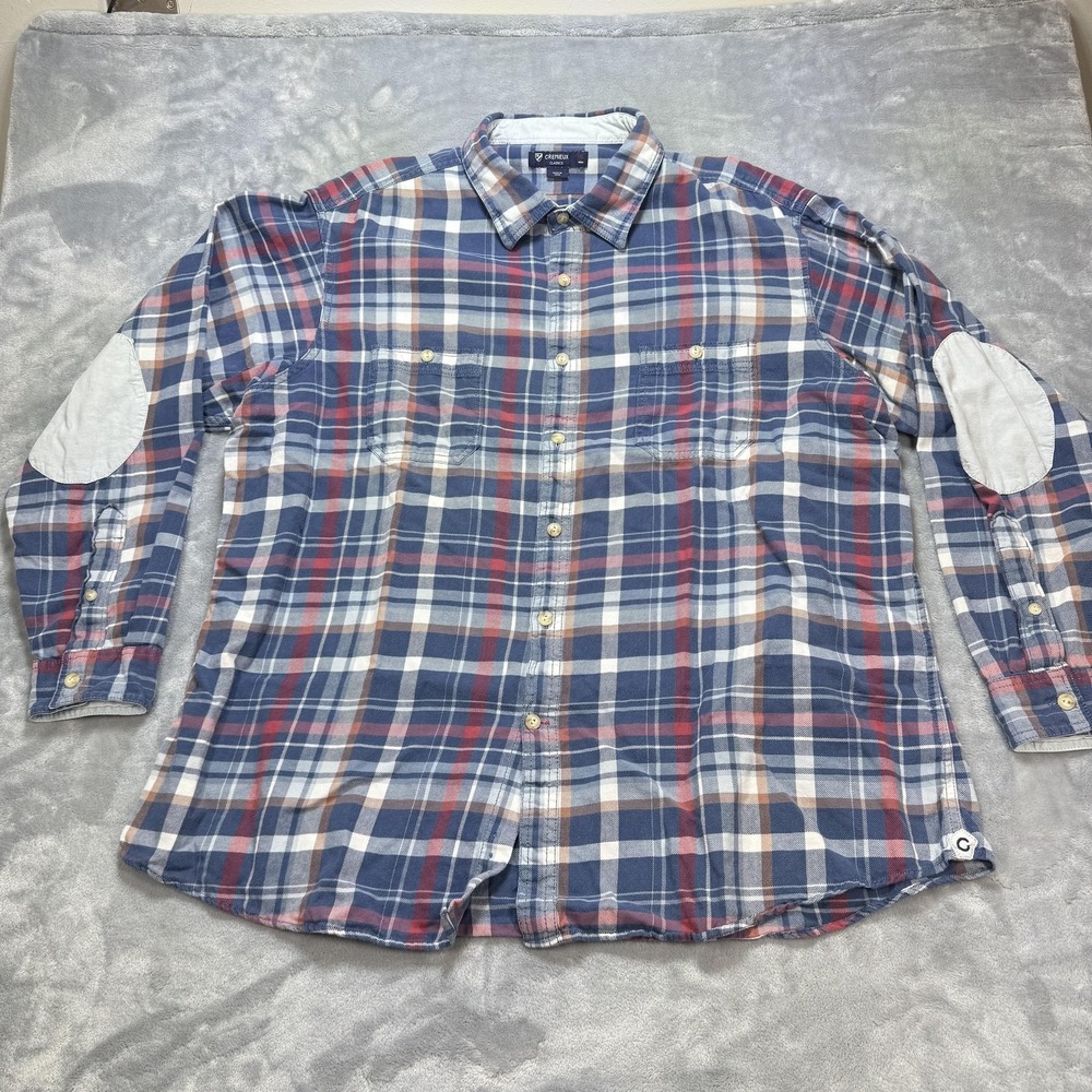 Cremieux Classics Shirt Mens 2XL Blue Plaid Button Down Elbow Patch Long Sleeve